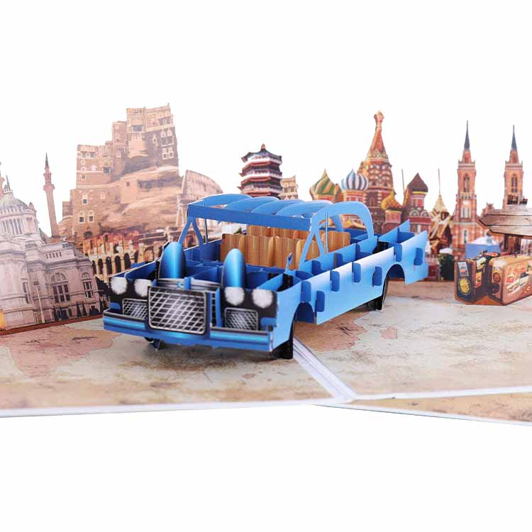 Blue Vintage Car World Tour Pop Up Greeting Card