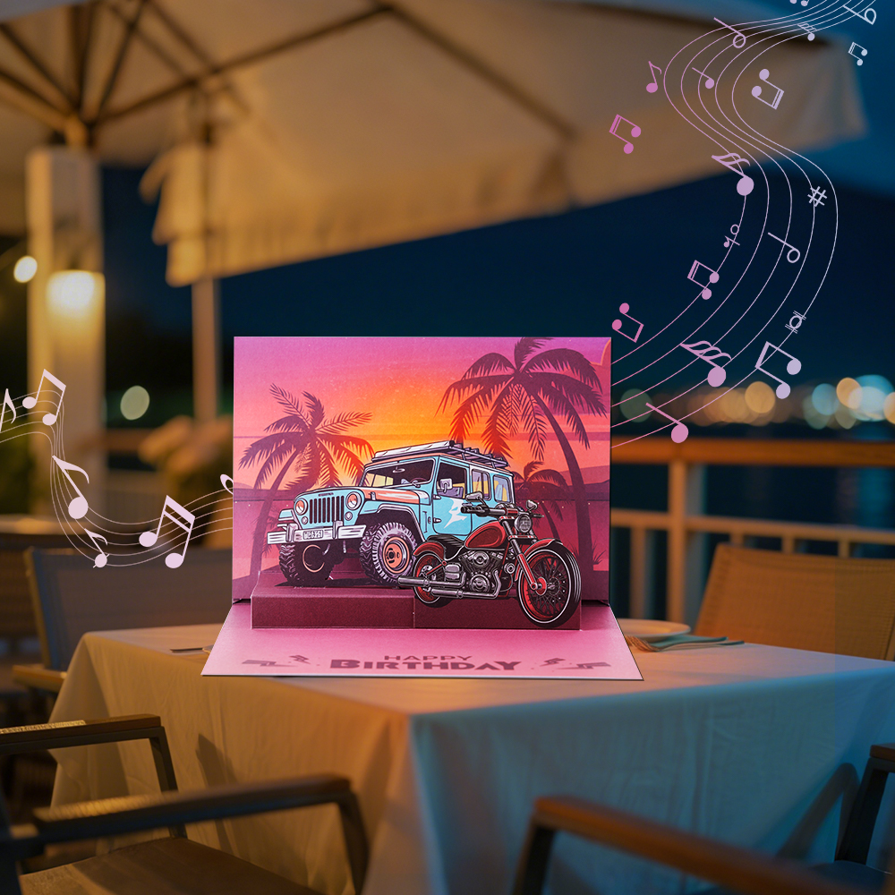 3D Beach Sunset Off-Road Vehicle Pop Up Birthday Card