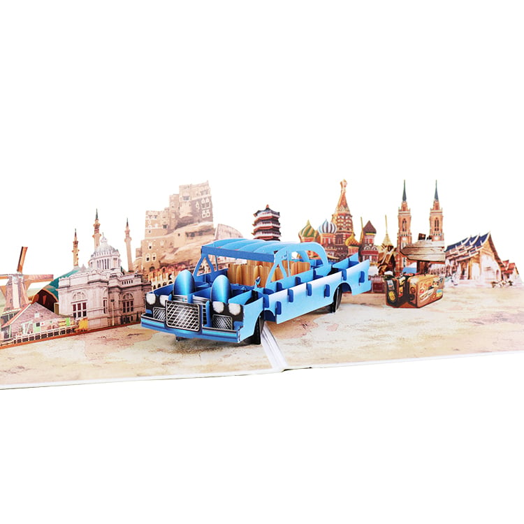Blue Vintage Car World Tour Pop Up Greeting Card