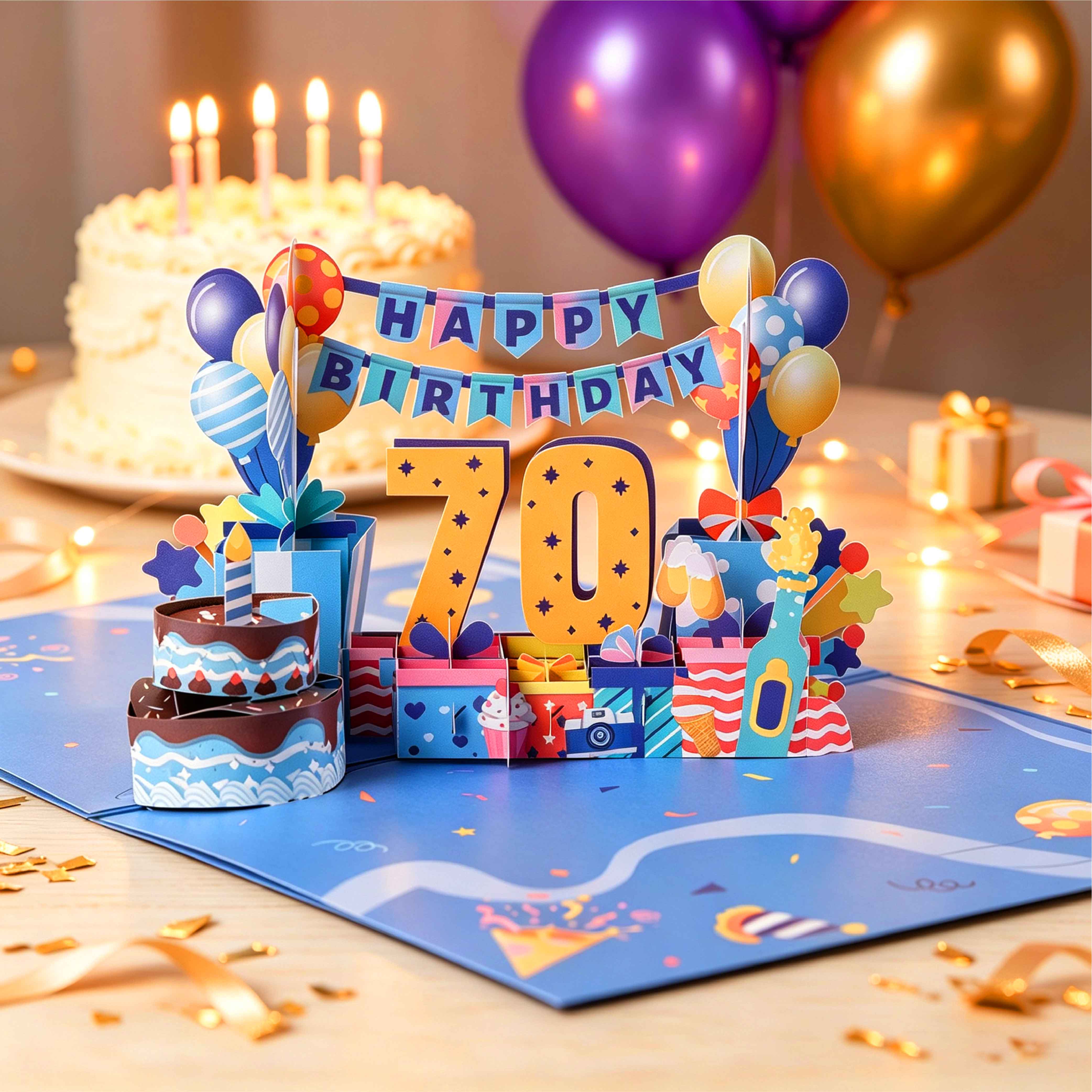 70th Birthday Pop Up Card Music Light Celebration Surprise