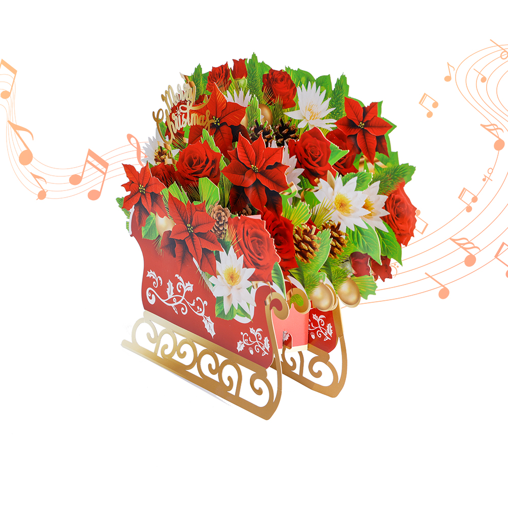 Red Bouquet Pop Up Christmas Card Music Light Surprise