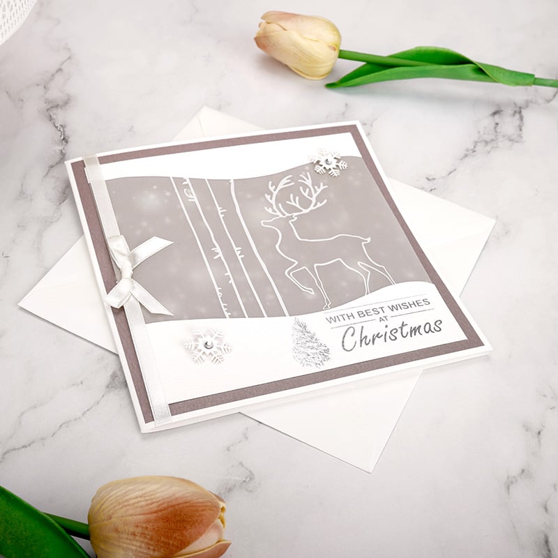 Handmade Christmas Greeting Card with Ribbon Bow – Elegant Flat Merry Christmas Card with Deer and Winter Forest Design