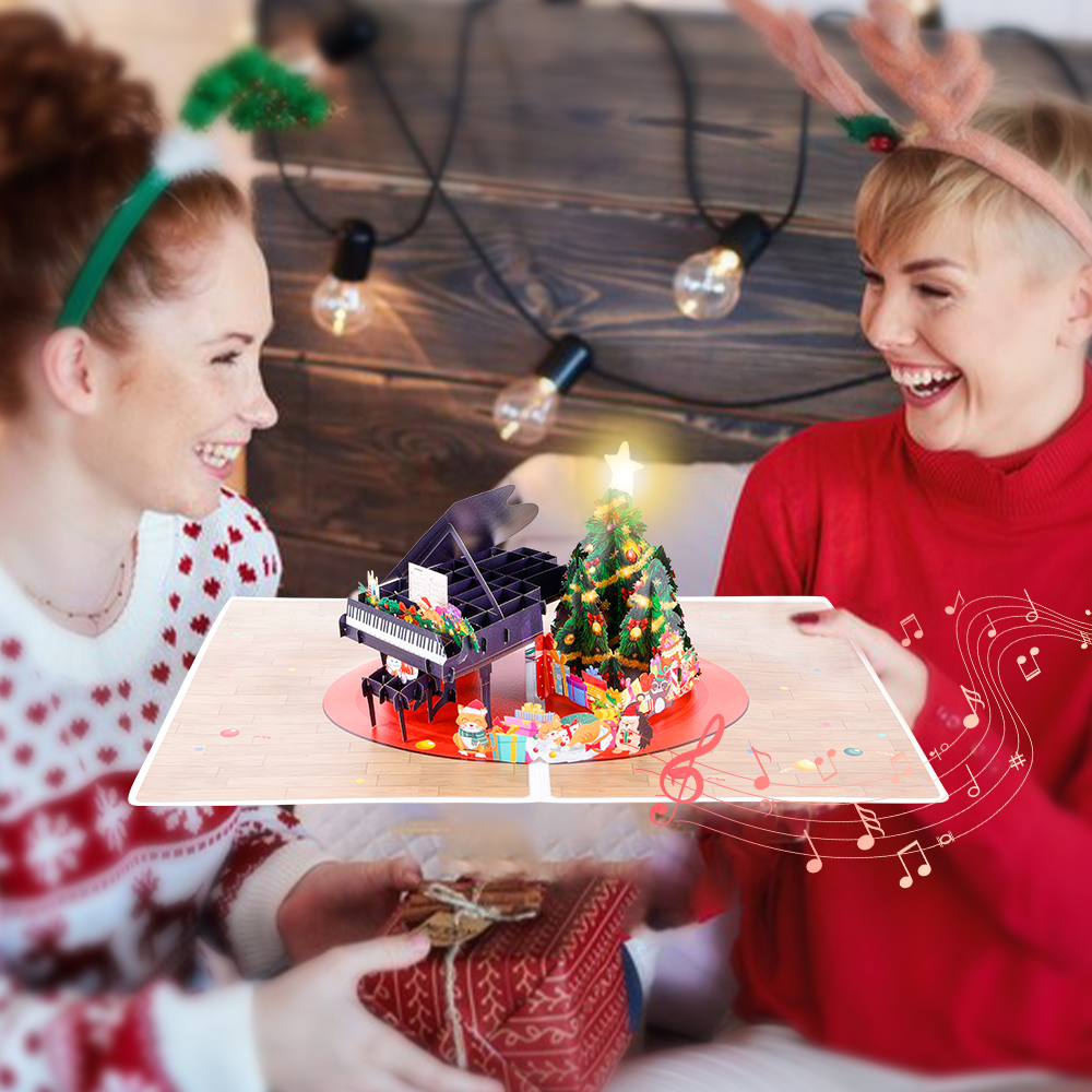 Christmas Pop Up Card with Music and Light – Piano Scene Design