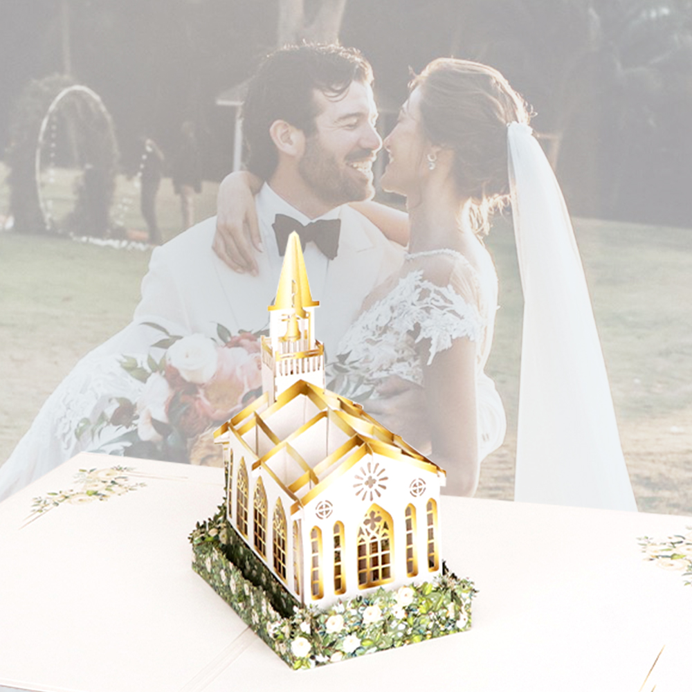 Laser Cut White Floral Church Wedding 3D Pop Up Card