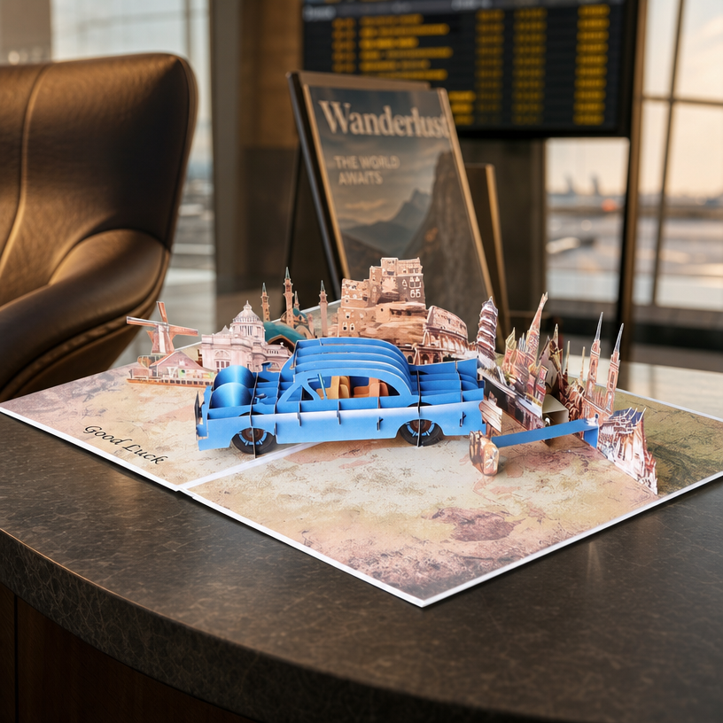 Blue Vintage Car World Tour Pop Up Greeting Card Full Display.png