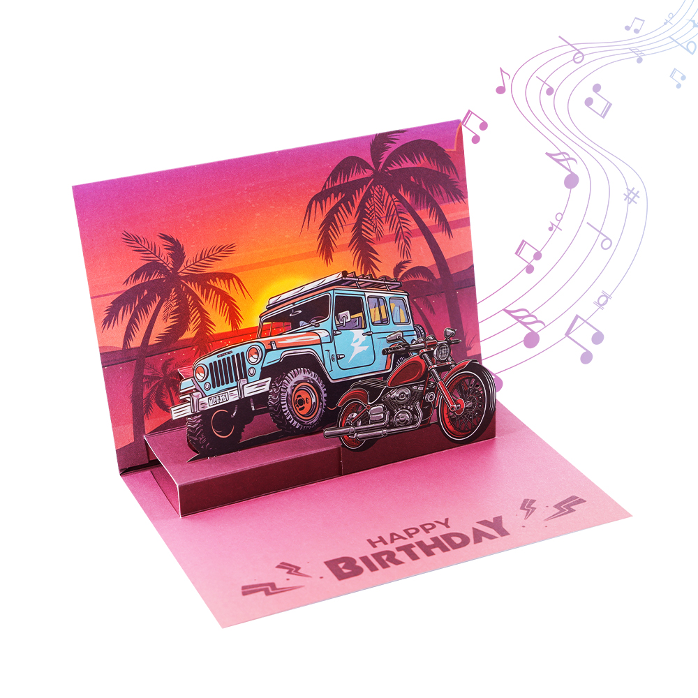 3D Beach Sunset Off-Road Vehicle Pop Up Birthday Card