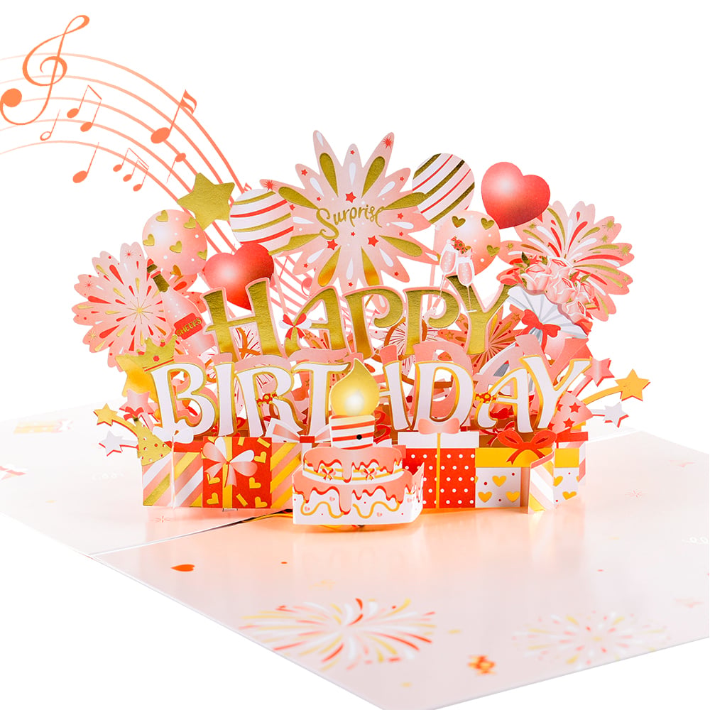 Unique Rose Gold Light Music and Blow Activated Pop-Up Card