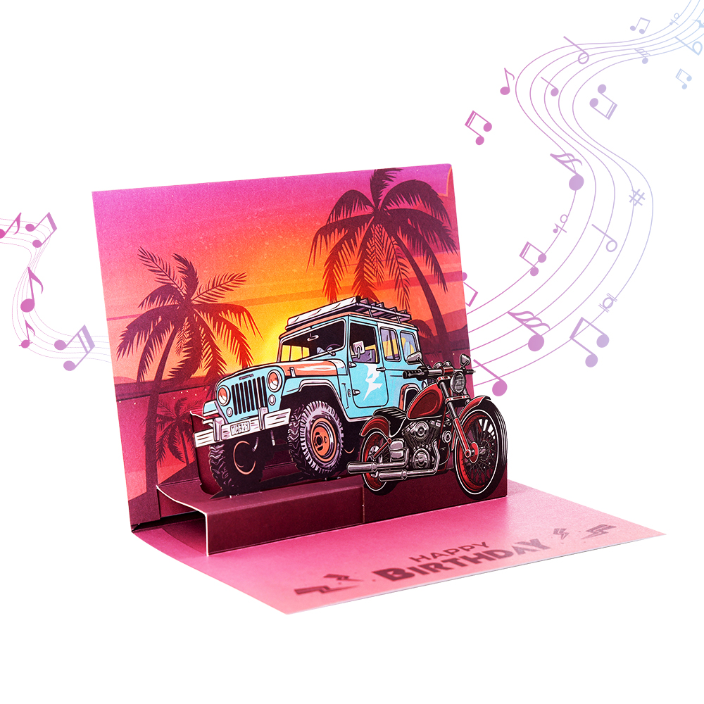 3D Beach Sunset Off-Road Vehicle Pop Up Birthday Card