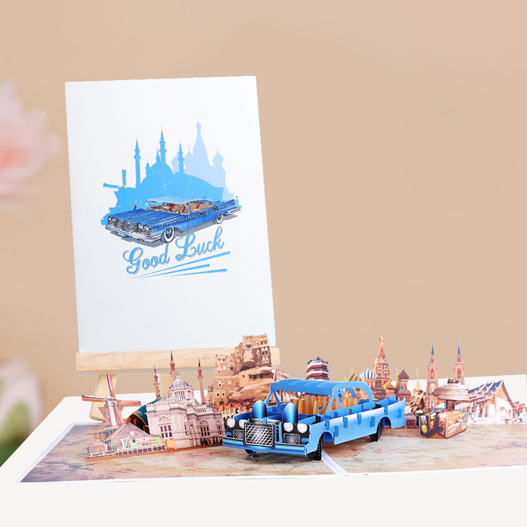 Blue Vintage Car World Tour Pop Up Greeting Card