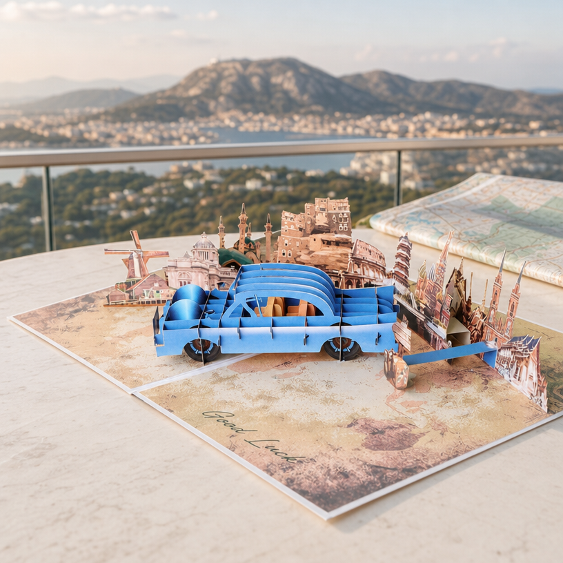 Blue Vintage Car World Tour Pop Up Greeting Card Overview.png