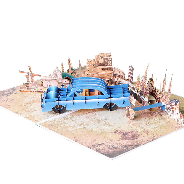 Blue Vintage Car World Tour Pop Up Greeting Card