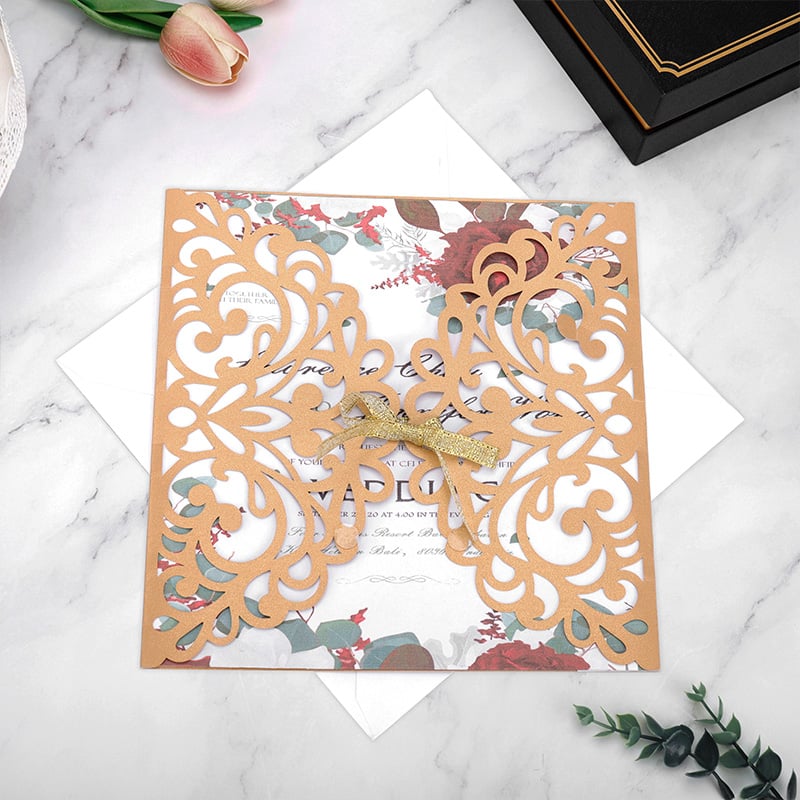 Laser Cut Wedding Invitation Card – Handmade Luxury Wedding Greeting Card with Ribbon Decoration