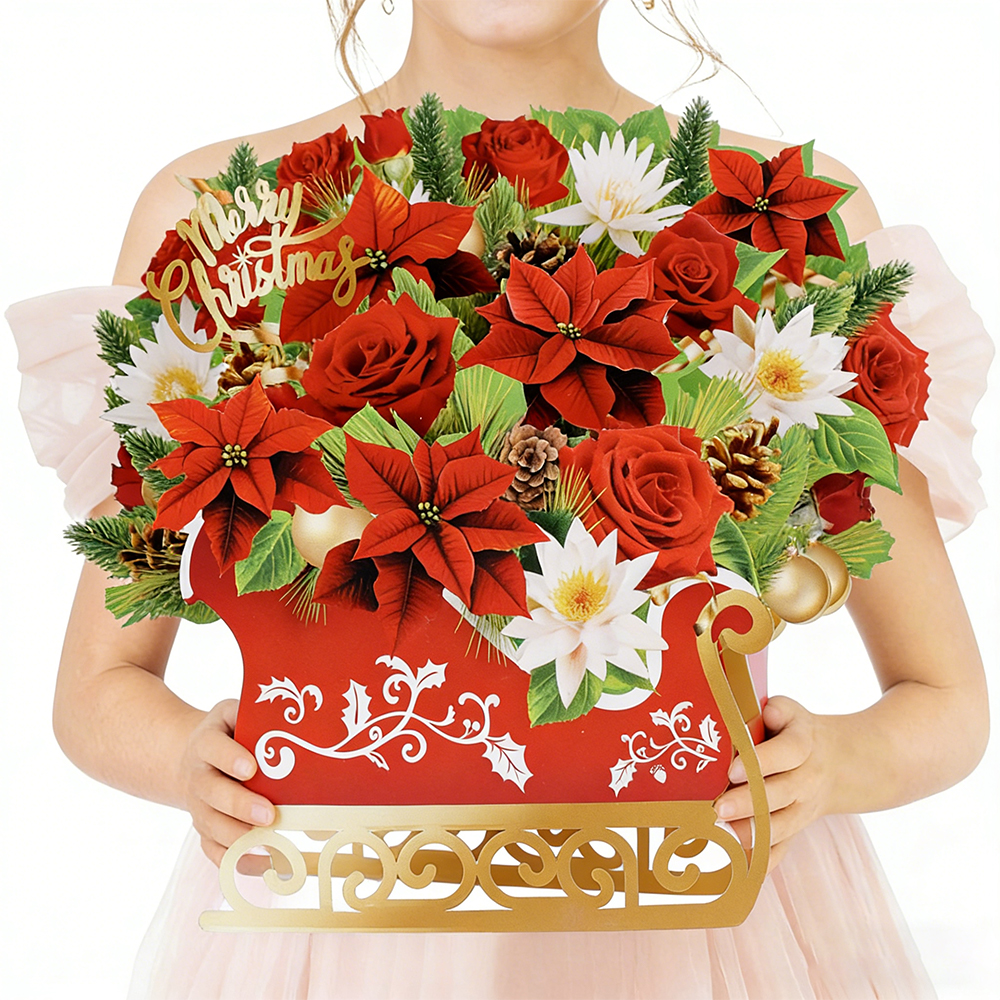 Red Bouquet Pop Up Christmas Card Music Light Surprise