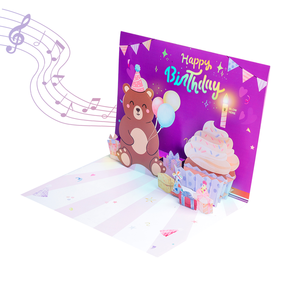 3D Blow-Out Bear Birthday Music Light Pop Up Card Detailed Description
