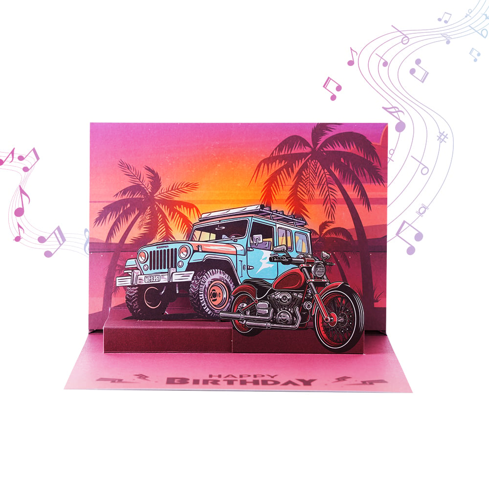 3D Beach Sunset Off-Road Vehicle Pop Up Birthday Card