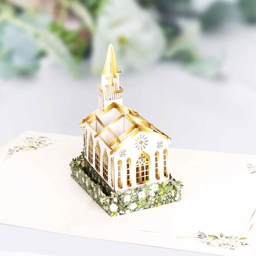 Laser Cut White Floral Church Wedding 3D Pop Up Card