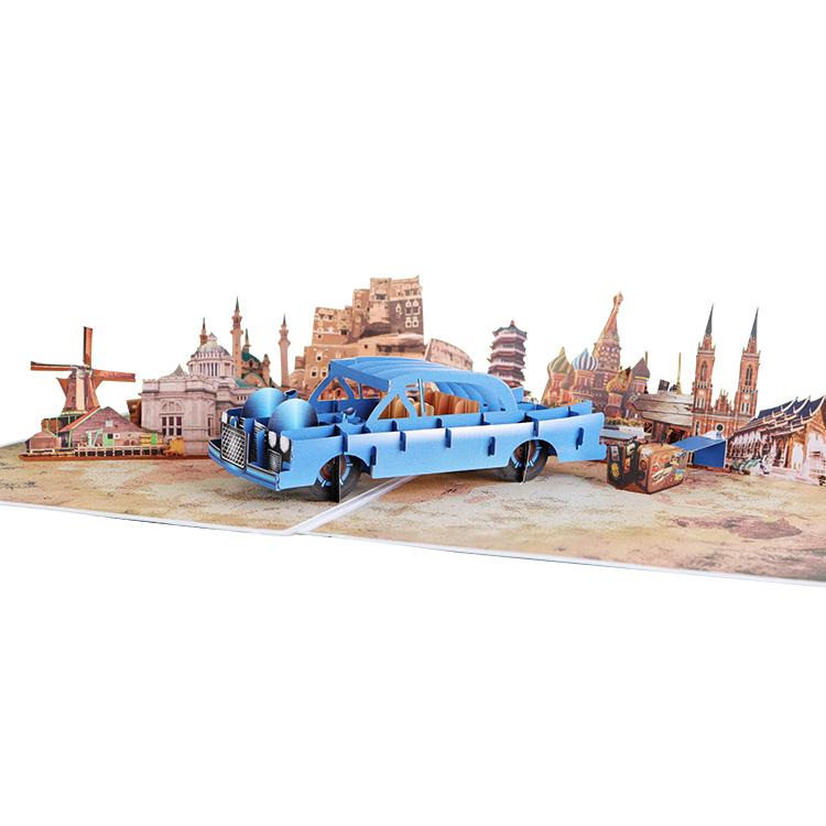 Blue Vintage Car World Tour Pop Up Greeting Card