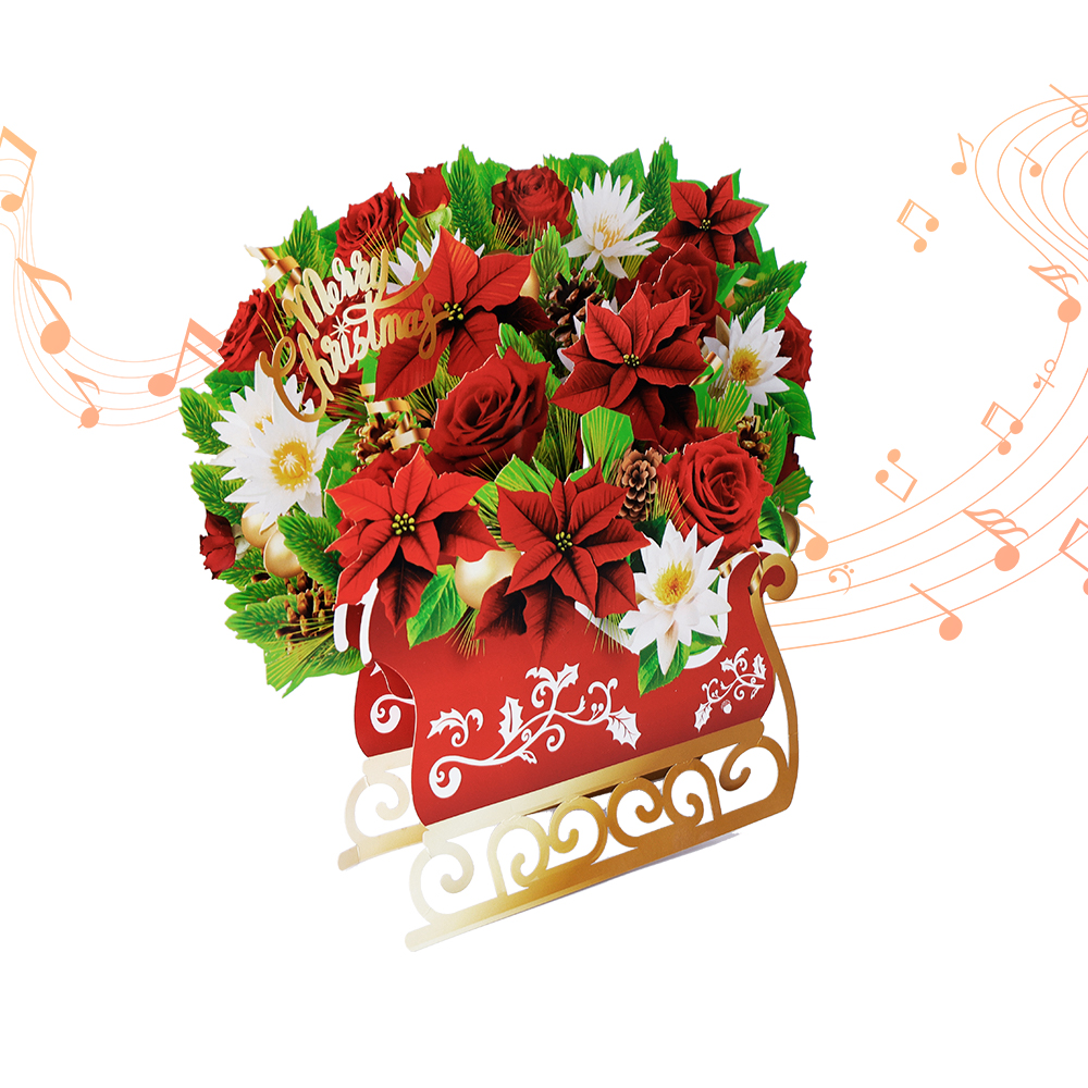 Red Bouquet Pop Up Christmas Card Music Light Surprise