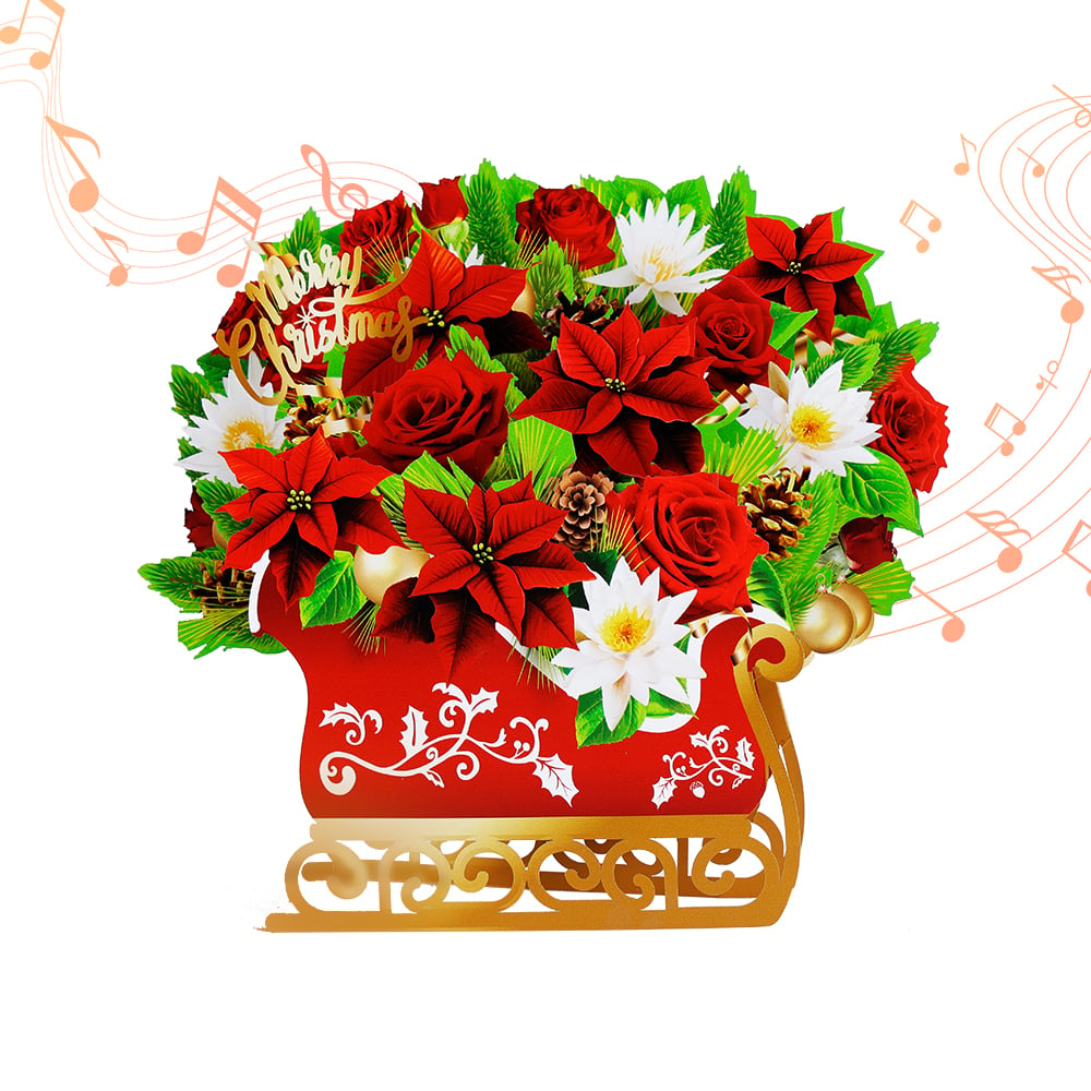 Red Bouquet Pop Up Christmas Card Music Light Surprise