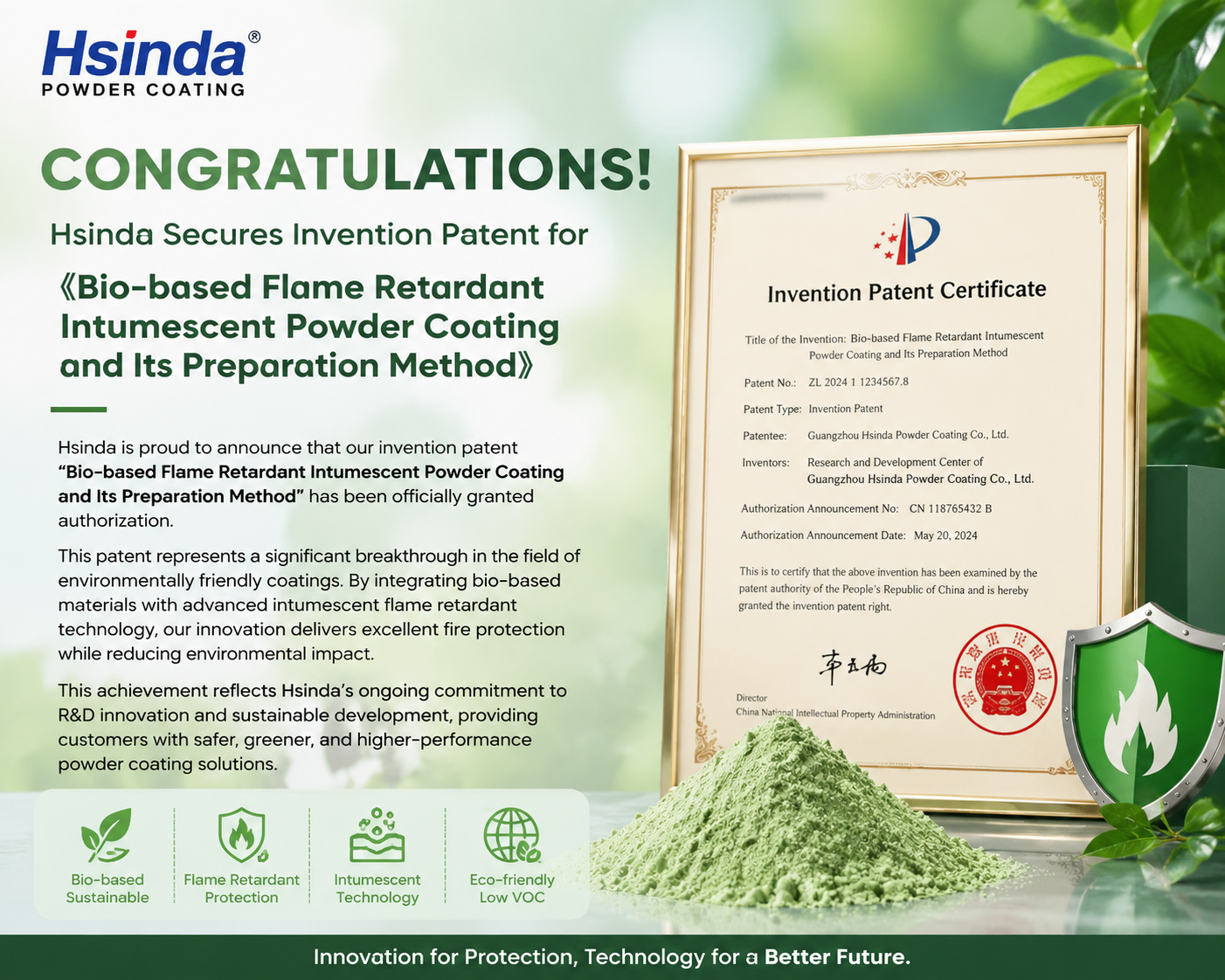 Hsinda Granted Invention Patent for Bio-based Flame Retardant Intumescent Powder Coating and Its Preparation Method