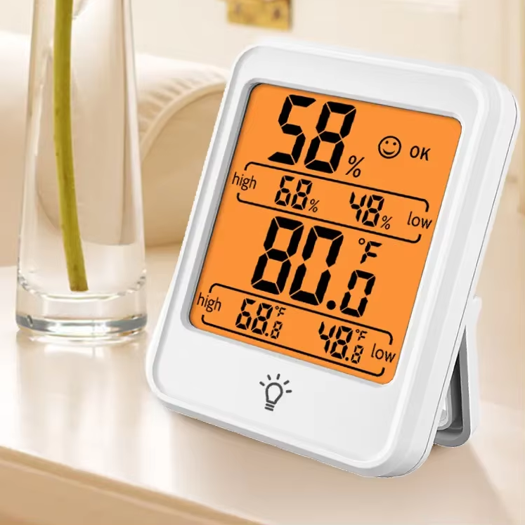 Hygrometer a teplomer pre domácnosť s indikáciou pohodlia, maximálnou/minimálnou teplotou a vlhkosťou
