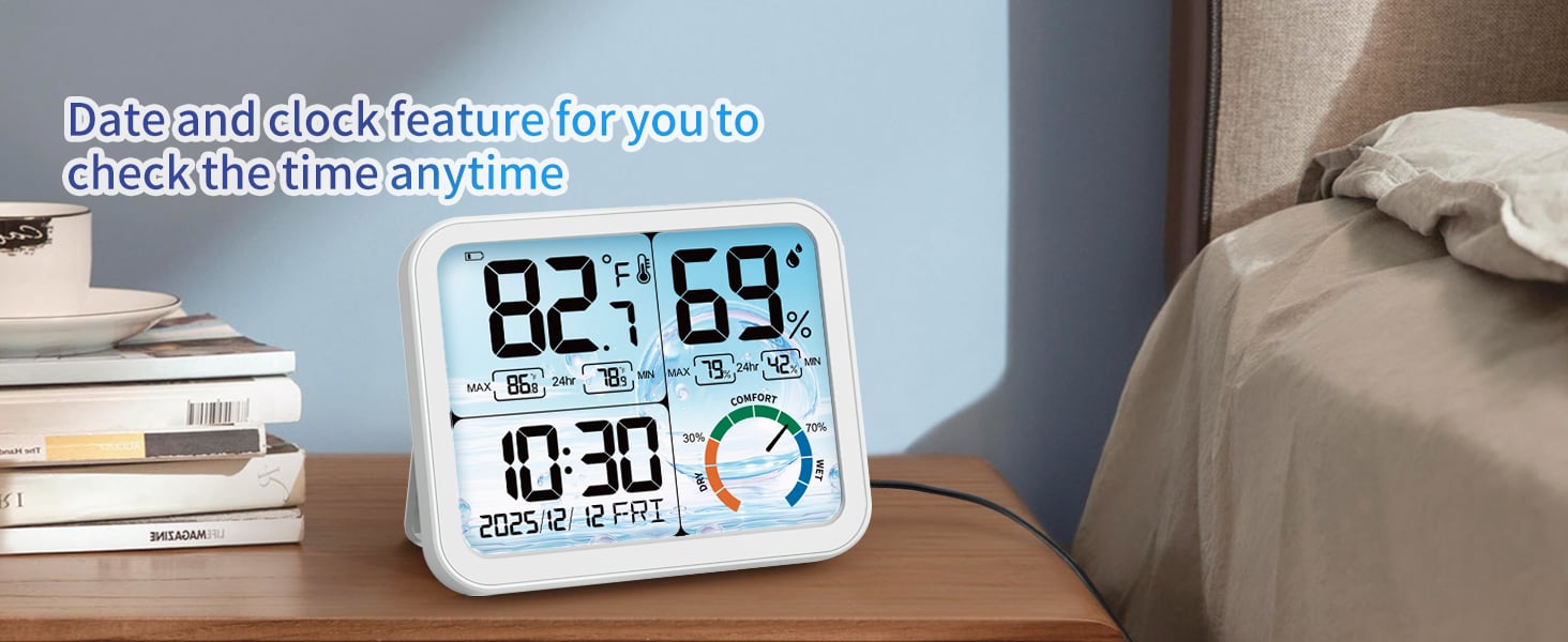 Digital Indoor Room Thermometer - 5.8'' Extra Large Display Temperature Humidity Sensor with Accurate Temp Humidity Gauge Monitor, Calibration, Max & Min Records, Comfort, Backlit, Date & Clock-2