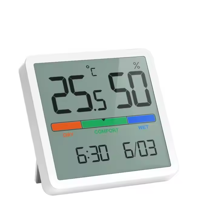 Teplomer a hygrometer pre vnútorné priestory s hodinami a displejom dátumu