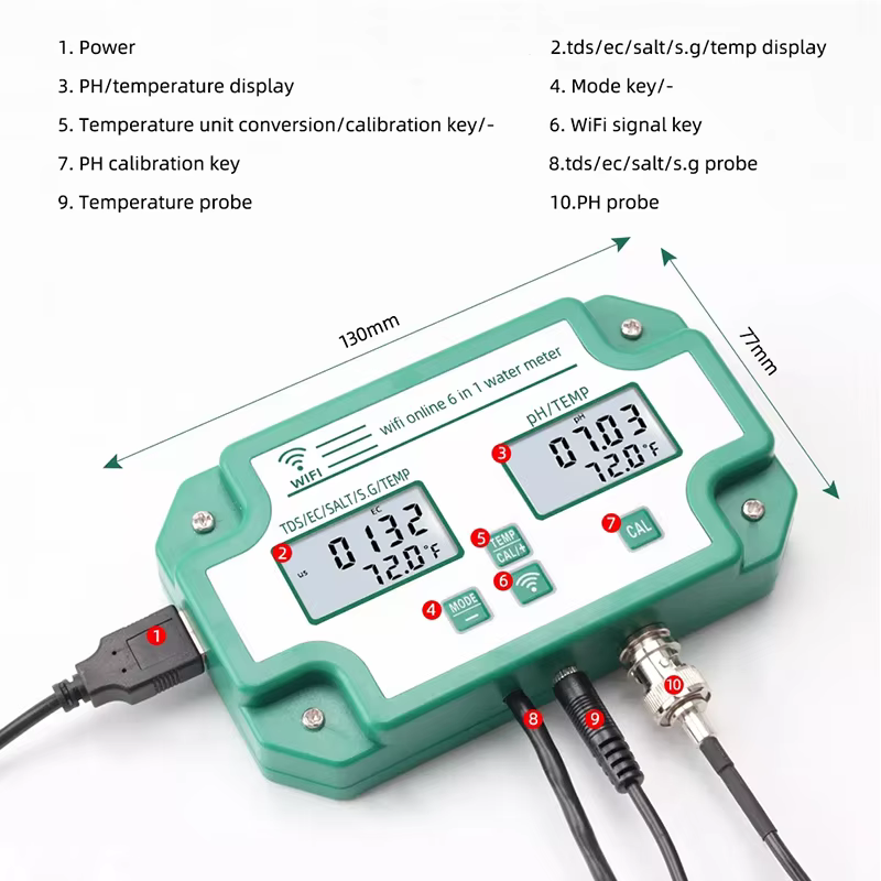 high accuracy hydroponics growing digital ph tds ec temp sg salt ph meter 6 in 1 ph monitor-1