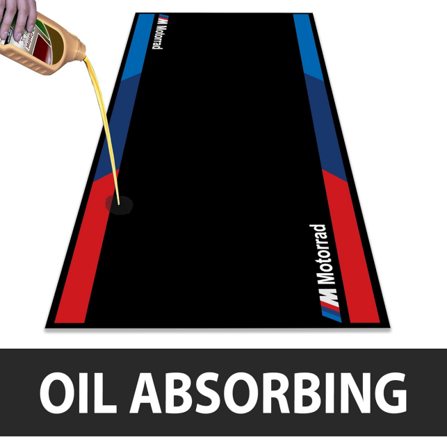 What features make motorcycle pit mats resistant to oil and grease?