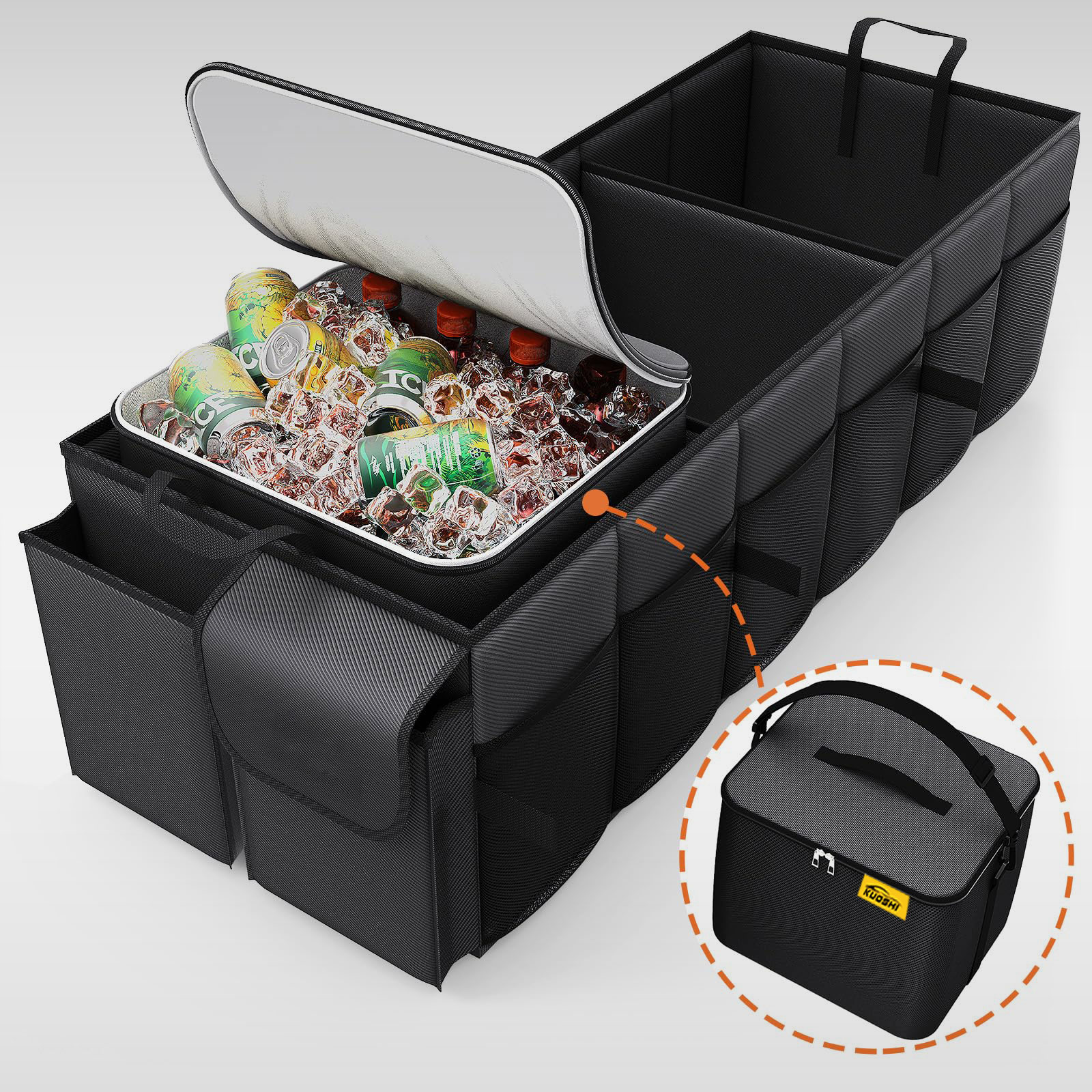 KUOSHI Wholesale Manufacturer 3 Compartments Car Boot Organiser With Cooler Bag OEM