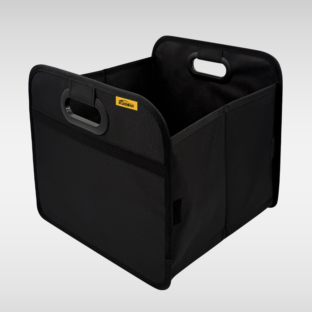 Foldable Custom Car Storage Box – Collapsible Trunk Organizer with Padded Handles, Velcro Straps & Mesh Pocket, 31×31×32 cm (Black)