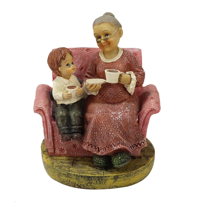 Resin Bedstemor - Bedstebarn Te-tid Figurine - Charmerende Familie Dekor