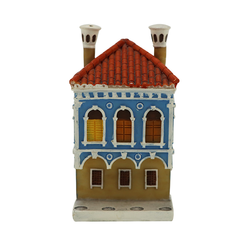 Resin Blue - Yellow Two - story House Figurine - Miniature Architectural Decor