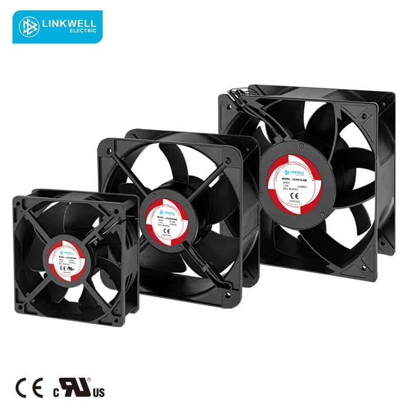 مروحة محورية كهربائية مضادة للانفجار من شركة LINKWELL طراز DC22060، مصنوعة من مادة PBT، ومزوّدة بمحامل كروية، تعمل عند جهد 110–240 فولت، واستهلاكها للطاقة 48 واط، وتدفّق الهواء 595 مترًا مكعبًا في الساعة، وسرعة دوران 2700 دورة في الدقيقة، وتُستخدم لتبريد الخزائن الصناعية