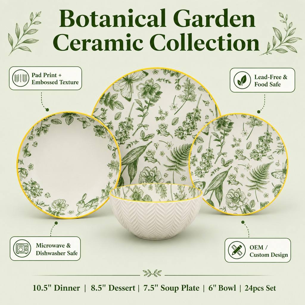 juego de vajilla cerámica con temática del jardín botánico, 24 piezas