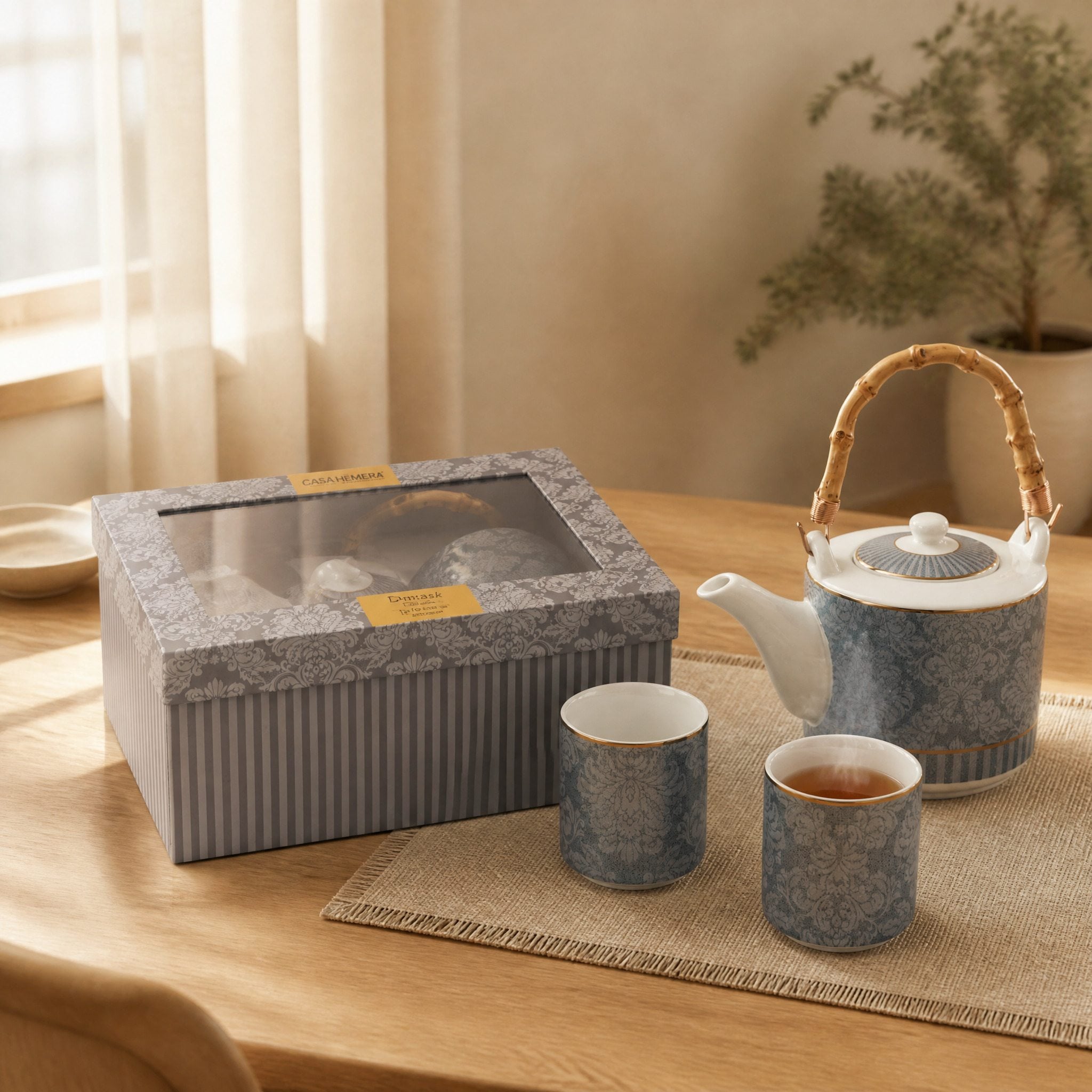 Juego de té de porcelana de la colección Damask con brillo metálico, presentado en caja regalo