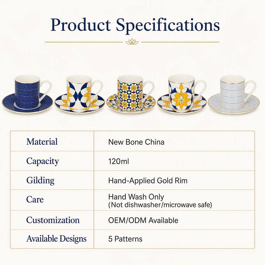 Nuevo juego de taza y platillo para espresso geométrico en porcelana de hueso, 120 ml