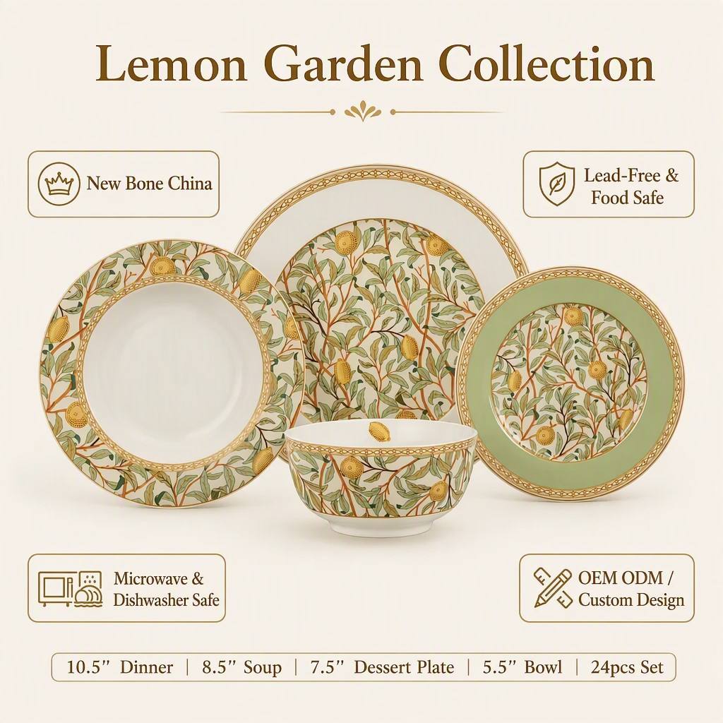 Juego de vajilla en nueva porcelana de hueso con temática del jardín de limones, 24 piezas