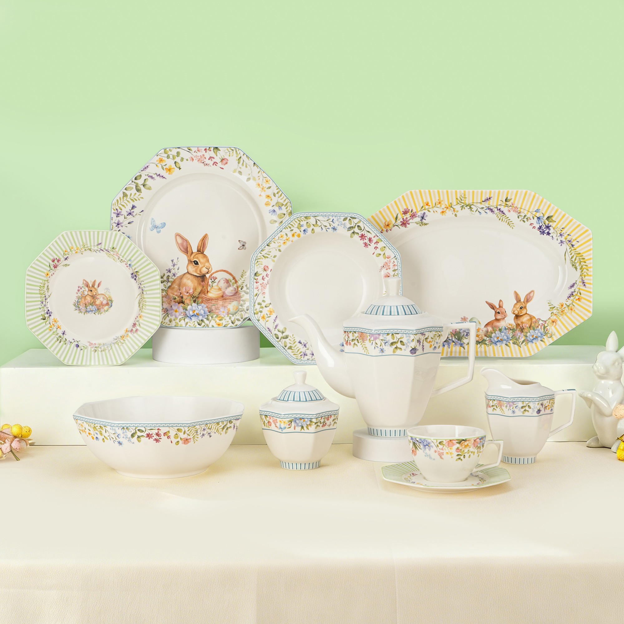 Juego de platos octogonales de porcelana con temática pascual de conejito de Pascua