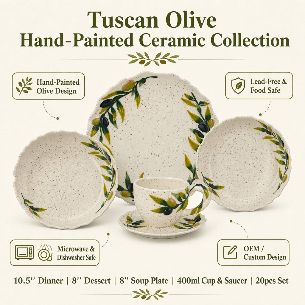 Juego de vajilla cerámica pintada a mano con temática de la aceituna toscana, 20 piezas | borde ondulado | esmalte moteado | apto para microondas | fabricación bajo pedido y venta al por mayor