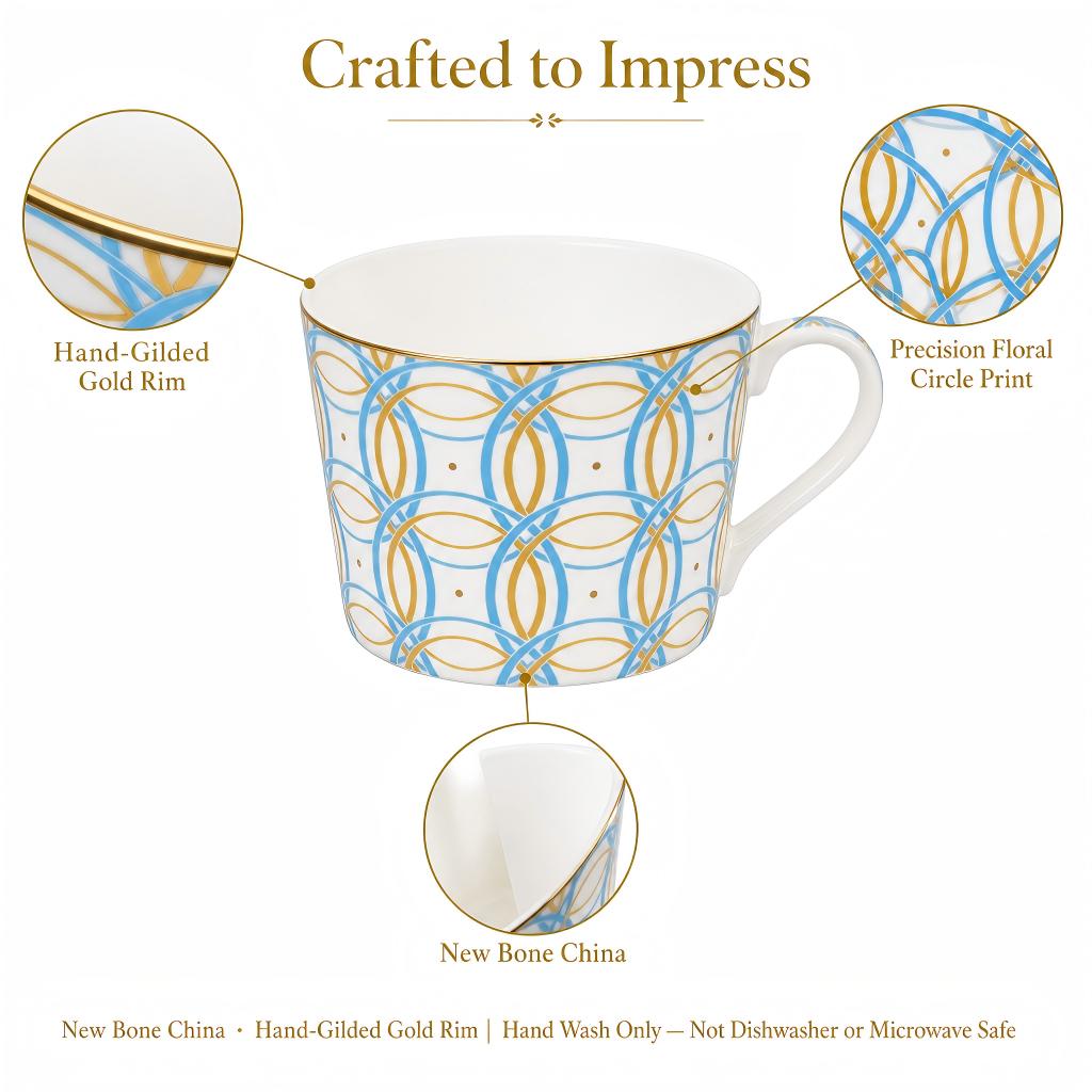 Juego de 6 tazas y platillos para té de nueva porcelana de hueso con estampados florales y geométricos, 220 ml