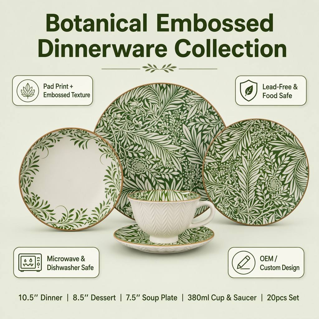 Juego de vajilla de porcelana con relieve botánico, 20 piezas | relieve 3D + impresión en tampón | fabricación bajo pedido y venta al por mayor