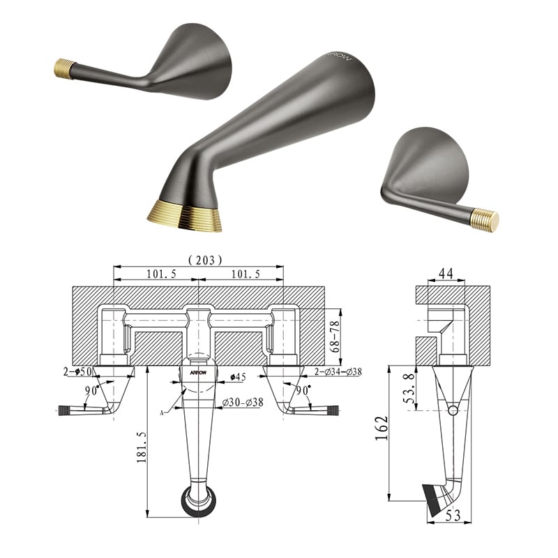 Built-in Wall-mounting basin faucet hot and cold water mixer faucet brass body chrome-plated appearance 3-hole tap ARM23855