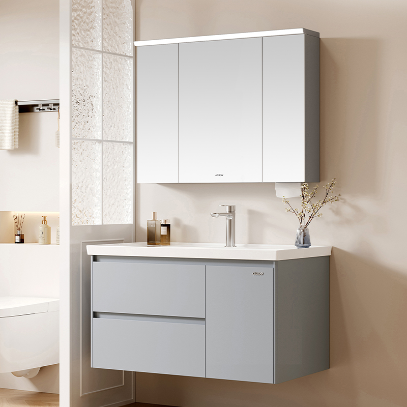ARROW Apartment Project Stainless Steel LED Mirror Cabinet Bathroom Vanity Modern Metal Cabinet with Integrated Ceramic Basin