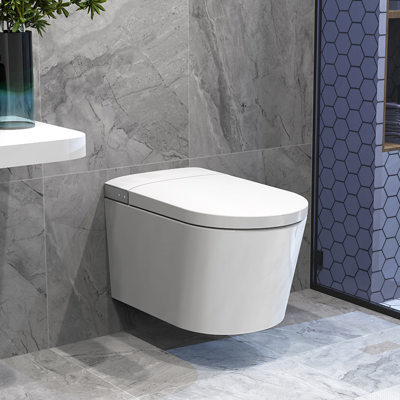 Intelligente Haustechnik: Smarte wandhängende verdeckte Toilette mit automatischem Deckel, P-Siphon-Ablauf, Siphon-Jet-Spülung, beheiztem Sitz und Keramik
