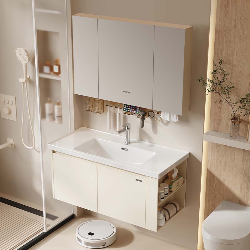 ARROW Stainless Steel Bathroom Cabinet with Smart LED Mirror and Ceramic Wash Basin Wall Mount Set Side Right Open Storage Shelf