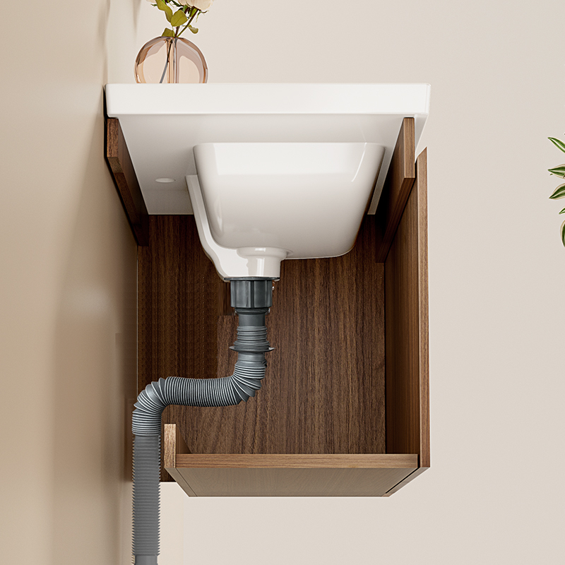 ARROW Bathroom Cabinet with Walnut Wood One-piece Ceramic Sink & LED Lighting