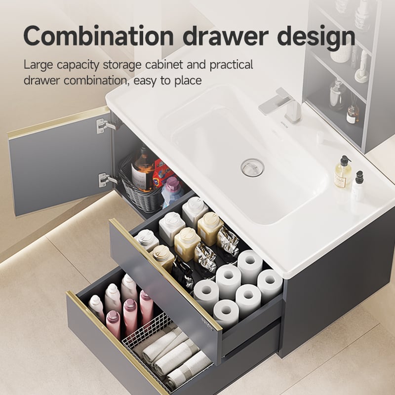 Ceramic Wash Basin Combination Solid Wood Bathroom Cabinet with Led Light Mirror Wall Cabinet FuGuang Series