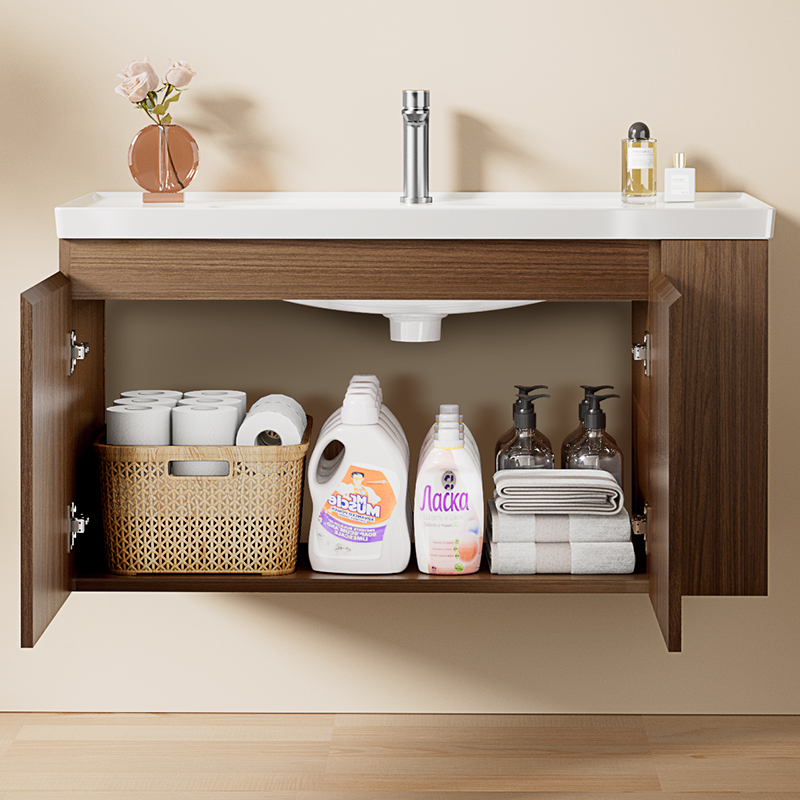 ARROW Bathroom Cabinet with Walnut Wood One-piece Ceramic Sink & LED Lighting