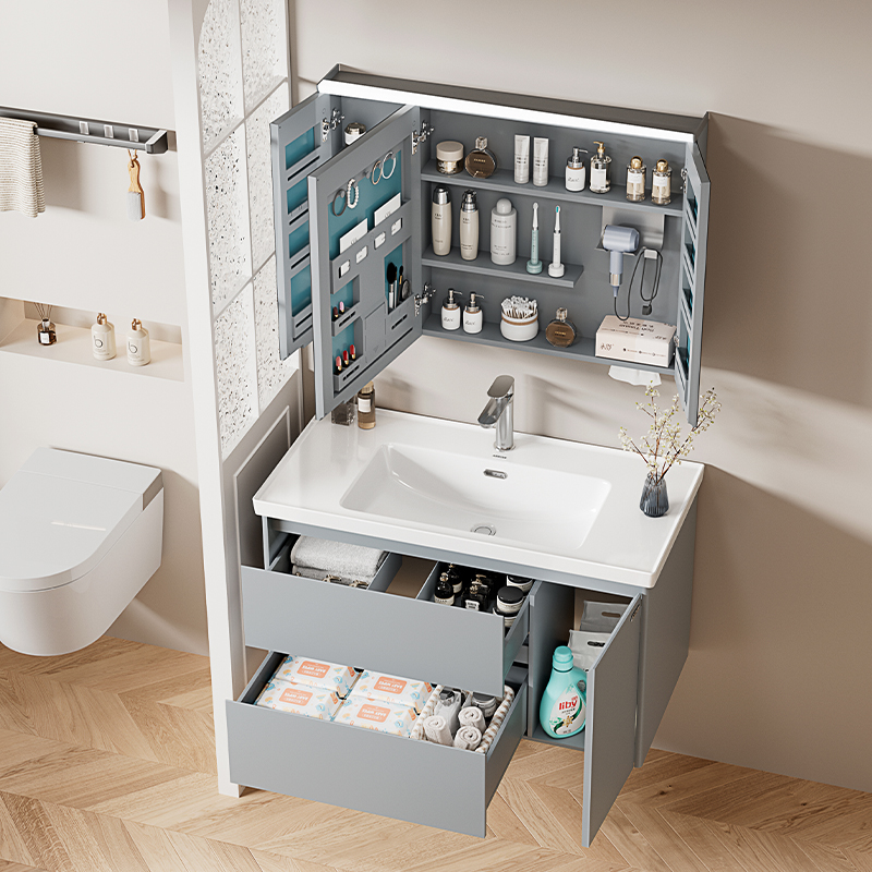 ARROW Apartment Project Stainless Steel LED Mirror Cabinet Bathroom Vanity Modern Metal Cabinet with Integrated Ceramic Basin